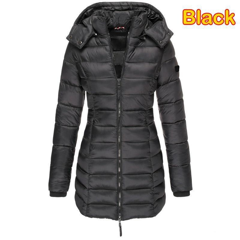 Autumn and winter women's zippered hooded cotton jacket casual thick warm long jacket long sleeved lightweight down jacket