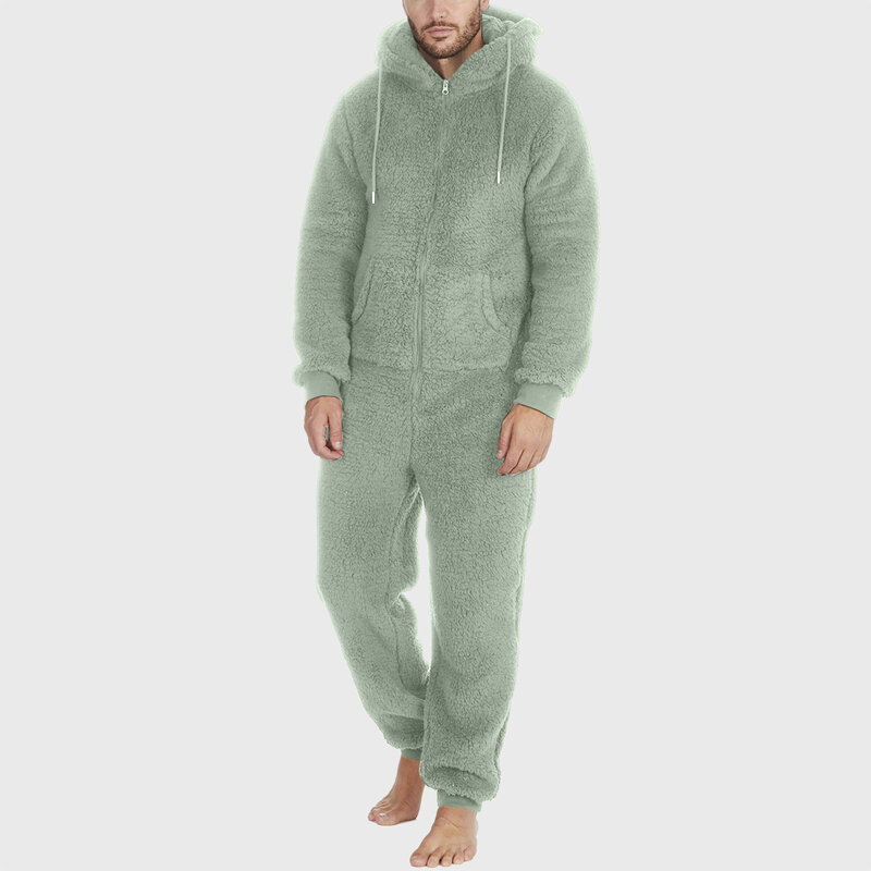 Mono de pijama de lana Artificial para hombre, ropa de dormir de manga larga con capucha, de lana cálida, para invierno
