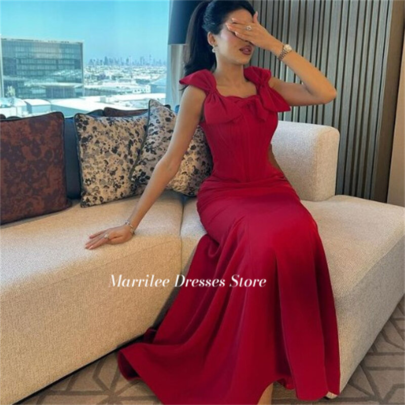 Marrilee Charming Red Meimaid Bow tie shoulder straps Stain Evening Dress Elegant Sleeveless Ankle Length Pleated Sexy Prom Gown