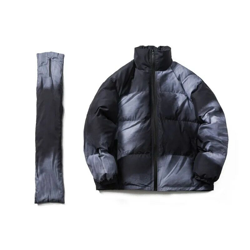 Japanese Trendy Men Parkas Black Gradient Thickened Bread Jacket Detachable Scarf Collar Warm Loose Fitting Coat Unisex Clothing