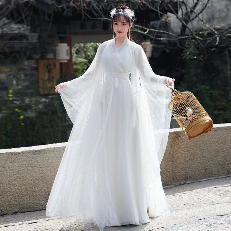 Conjunto de 3 piezas Hanfu blanco para mujer, disfraz de hada tradicional china para Halloween