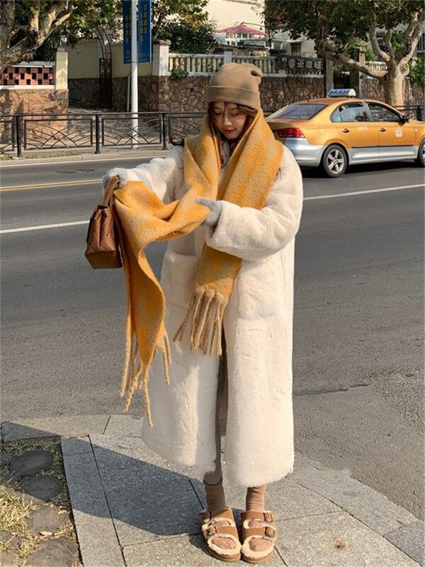 Verdicken koreanische Kunst pelz jacken warme gefälschte Kaninchen Plüsch Oberbekleidung Winter hochwertige lange Mäntel Frauen elegante pelzige Mäntel