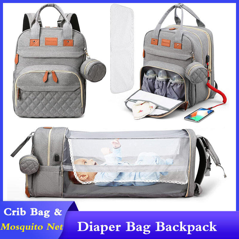 3 In 1 Windel Tasche Rucksack Faltbare Baby Bett Wasserdichte Reisetasche mit USB-Lade Windel Tasche Rucksack mit Ändern bett 3 arten