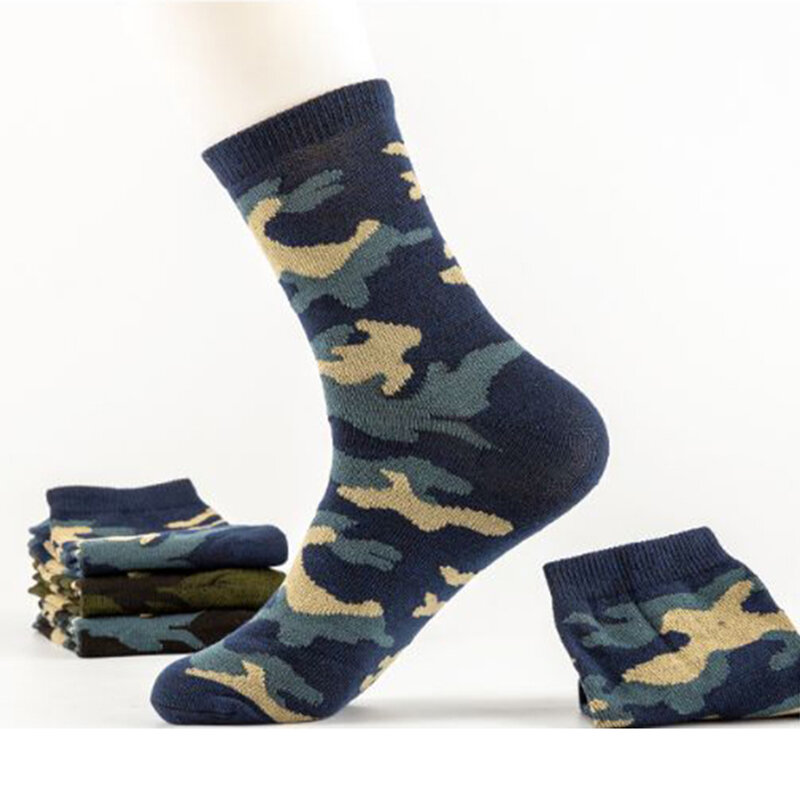 5คู่ฤดูใบไม้ผลิและในฤดูใบไม้ร่วงผู้ชายคุณภาพสูงกลางหลอดถุงเท้า Camouflage กองทัพสีเขียวสบายทหารหนาถุงเท้าผ้าฝ้าย