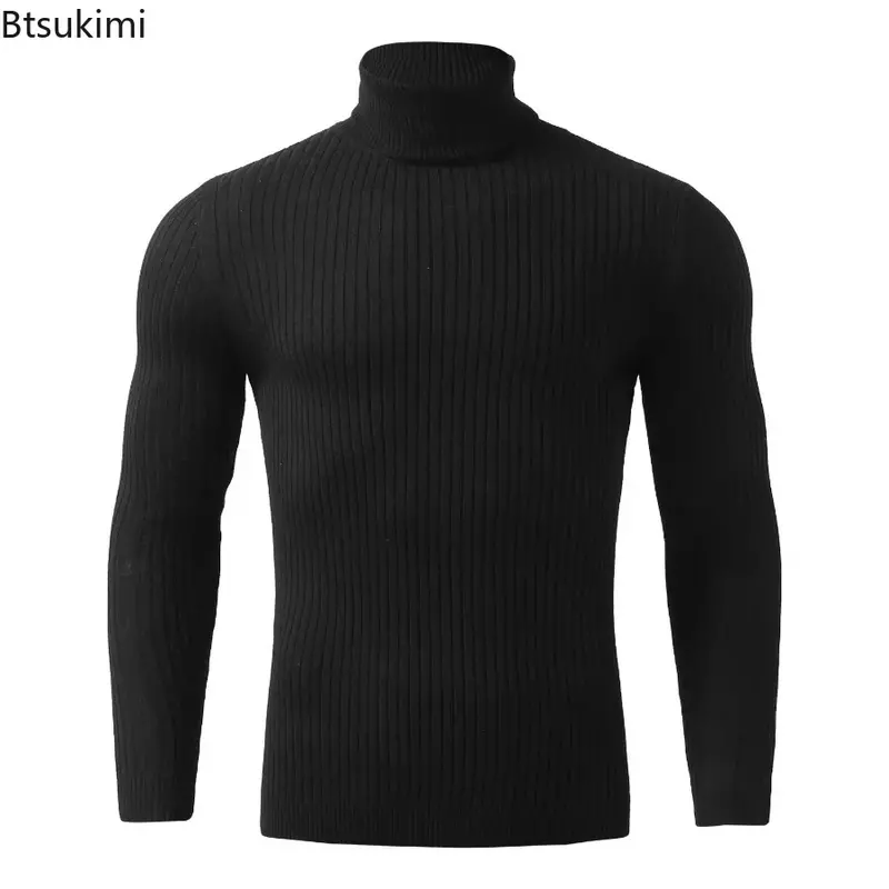 2024 남성용 니트 블랙 터틀넥 스웨터, 슬림핏 풀오버 상의, 남성용 솔리드 통기성 니트 스웨터, 패션