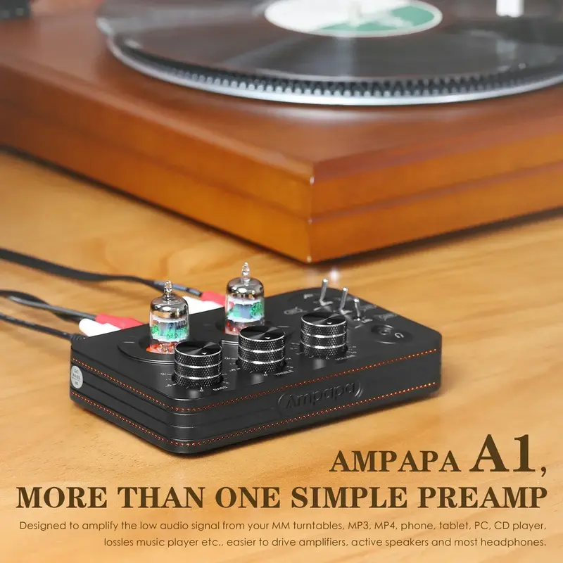 Ampapa A1 Mini JAN5654 Valve Tube Phono Stage Preamp Stereo Desktop Audio Preamp for Phone/PC/TV/Turntable HIFI Headphone Amp