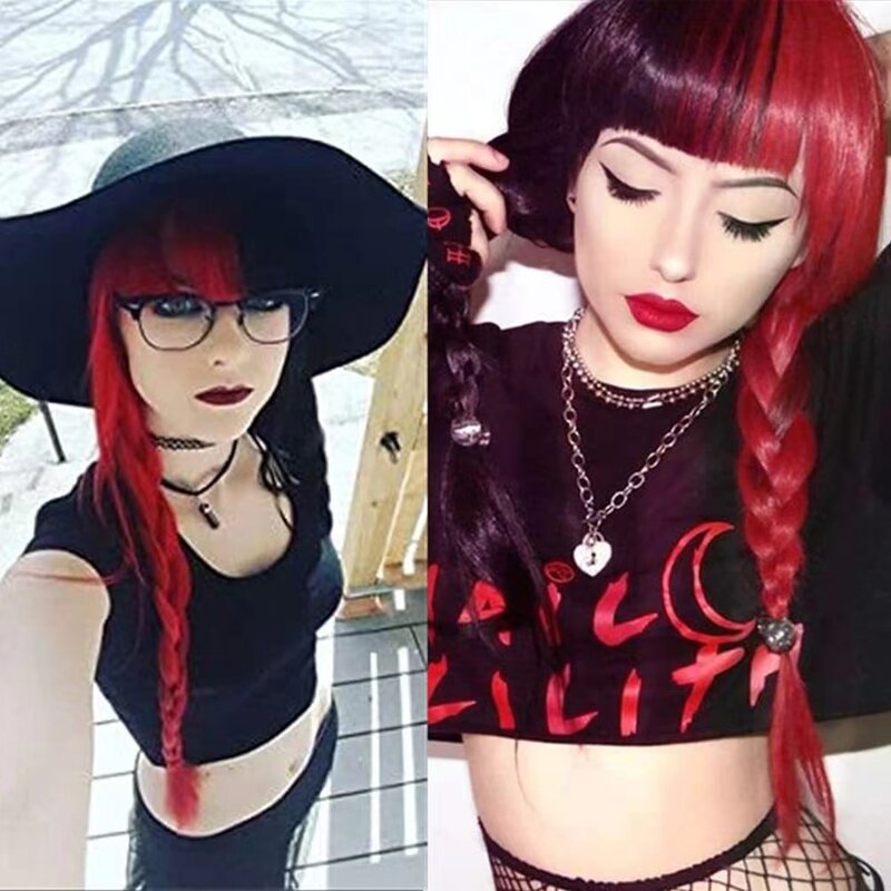 Wig rambut lurus wanita, wig pesta hitam dan merah dengan poni cos rambut lolita tampilan alami sintetis tahan panas