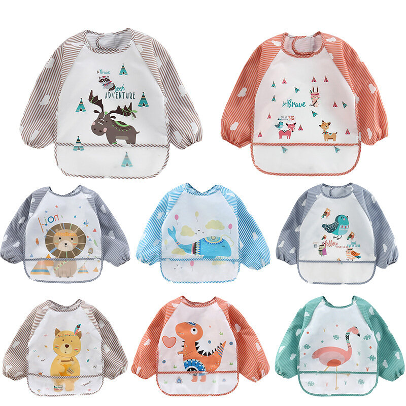 Cartoon kolorowe śliniaki dla dzieci z długim rękawem Art fartuch Animal Smock Baby Bib Burp ubrania miękkie do karmienia jedz maluch wodoodporne smocki
