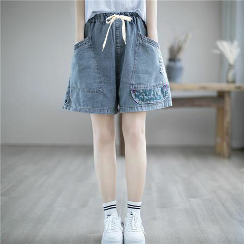 Shorts jeans casuais femininos, jeans curtos de verão, cintura alta, bordados finos, calças de perna larga, soltas, novo, 2024
