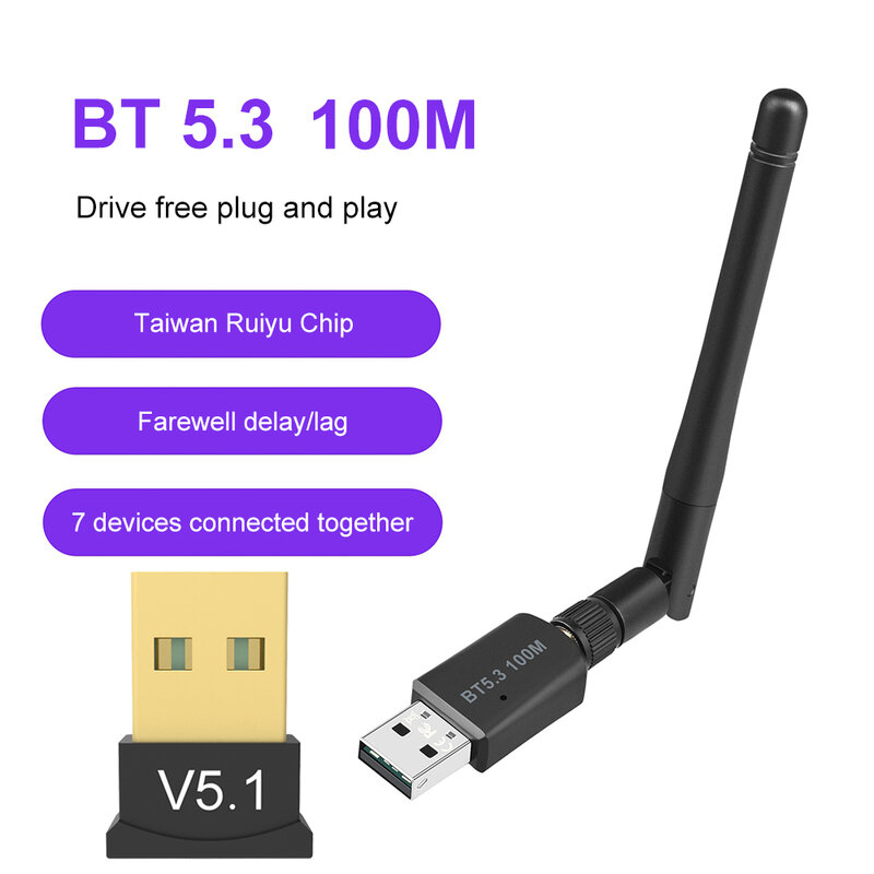 100M USB Bluetooth Adapter Long Range Audio USB Receiver Transmitter Bluetooth 5.3 Audio Receiver USB Dongle for PC Computer