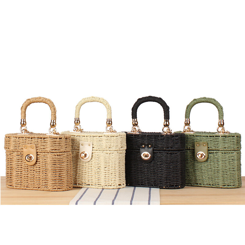 Bohemian Paper Rope Woven Box Bag Designer Handbags Handmade Travel Straw Beach Bags for Women Chains Shoulder Crossbody Bag New