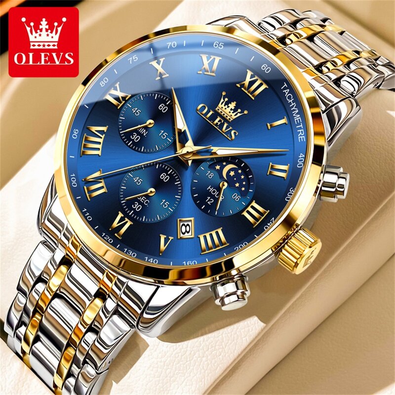 Olevs Luxe Merk Hot Sales Herenhorloges Maanfase Quartz Horloge Roestvrij Staal Datum Waterdicht Origineel Mannelijk Polshorloge