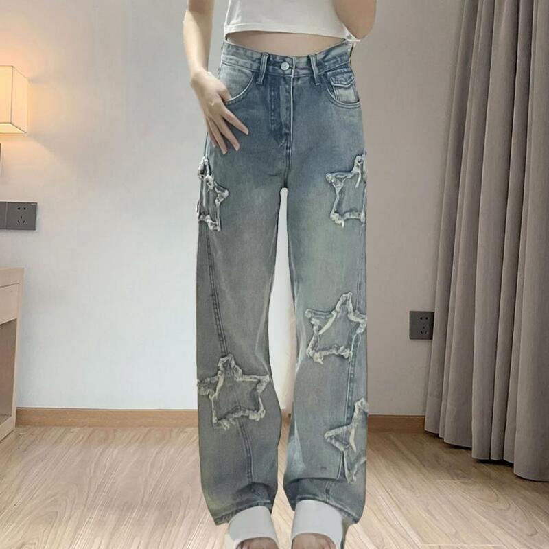 Women Loose Fit Jeans Women's Stylish Star Embroidered Wide Leg Jeans Fashionable Denim Trousers with Loose Fit for Women