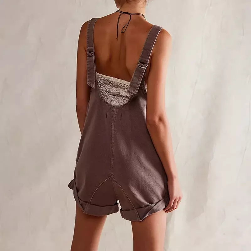 Women Playsuits Denim One Piece Rompers Shorts Overalls Solid Pockets Backless Sexy High Waist Jumpsuits Loose Washing Basics