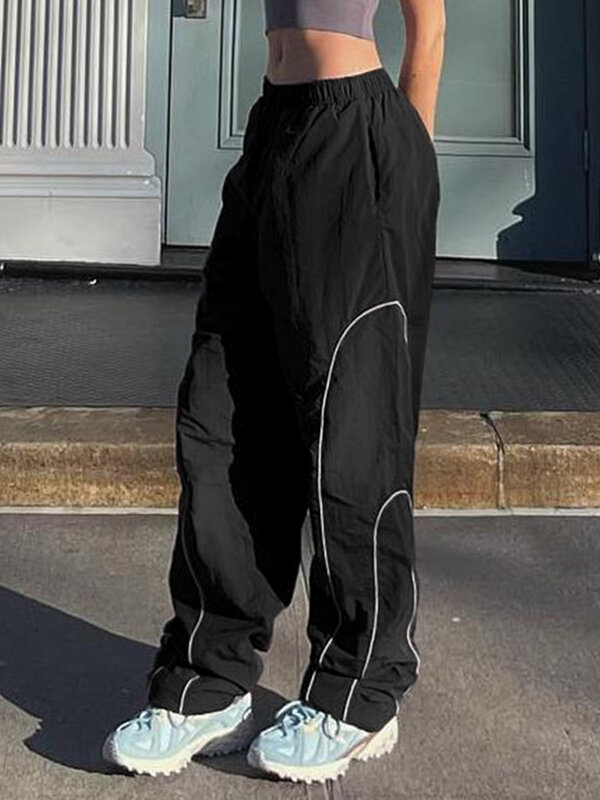 Weekeep กางเกงลำลองสีดำทรงหลวมยืดหยุ่นสูงกางเกงผู้หญิงชิคกางเกงฮาราจูกุ Y2K ธรรมดาสไตล์เกาหลี