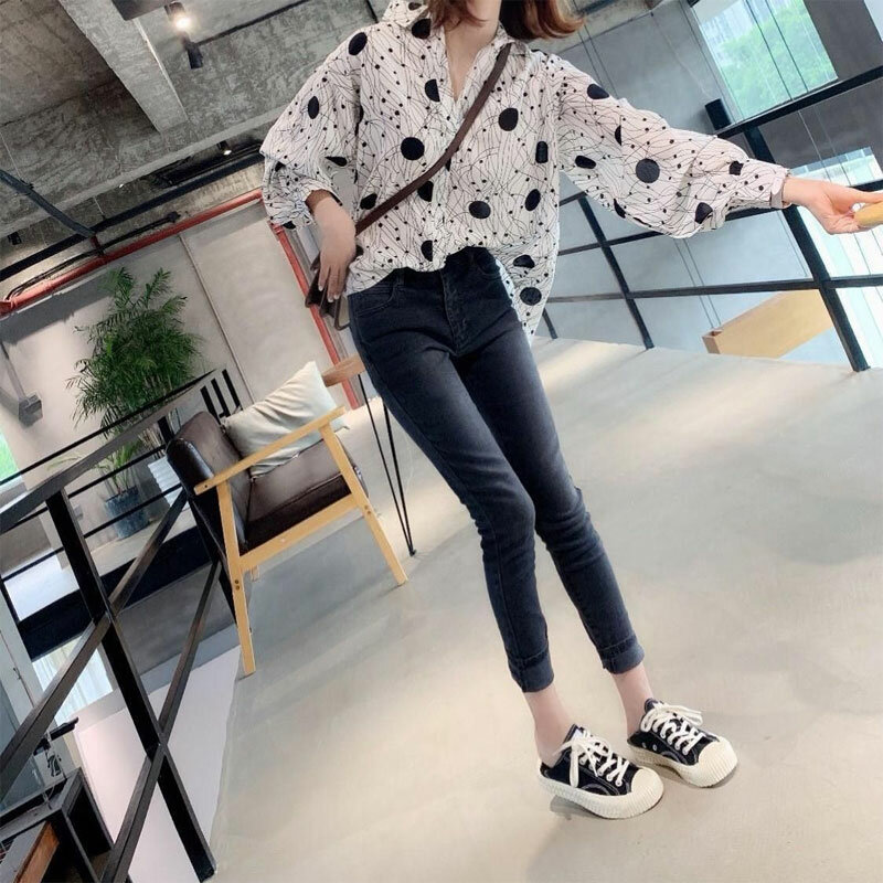 Büro Dame koreanischen Punkt gedruckt Hemd Frühling Herbst lässig lose weibliche Kleidung Langarm Mode grundlegende einreihige Bluse