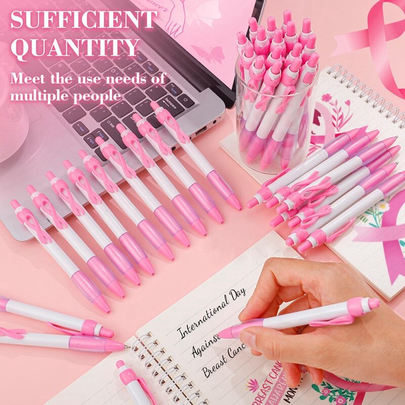 100Pcs Pink Ribbon Pens Bulk, Black Ink Retractable Ballpoint Pens For Office Supply Women Girls Gift Durable Pink