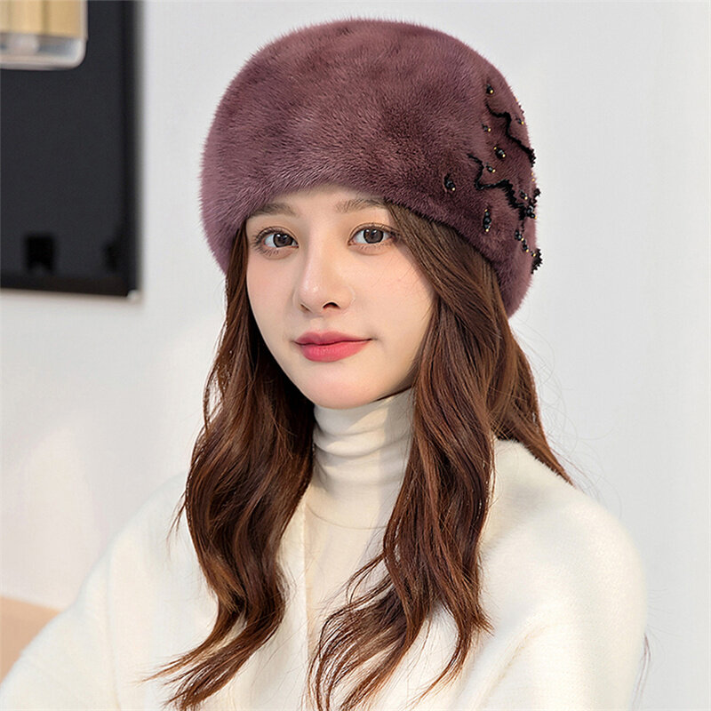 Chapéu de vison feminino inverno boina vison inteiro pele de vison inverno proteção de orelha nova moda meia-idade chapéu de vison feminino quente confortável