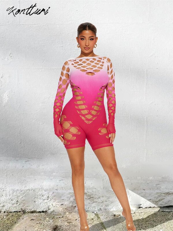Kontturi Summer Hoolow Out Sexy Club Outfit Clothes Women 2024 O Neck Long Sleeve Rompers One Pieces Bodycon Pink Rompers Female