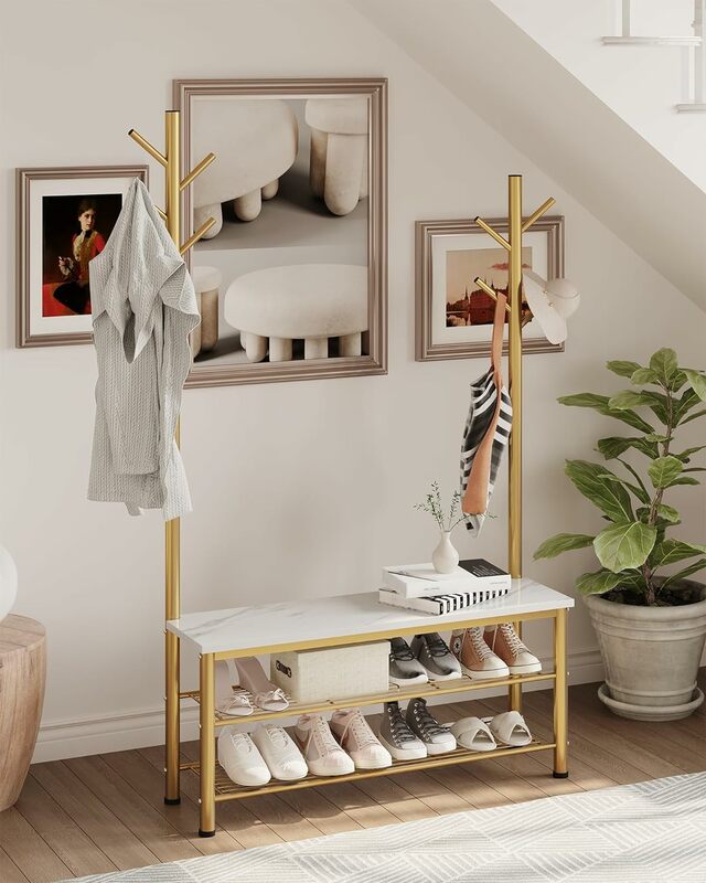 Yusong Shoe Bench with 2 Hall Tree CoatRacksStand,Industrial Entryway Bench for Hallway Bedroom,White Marble Board and Gold Tube
