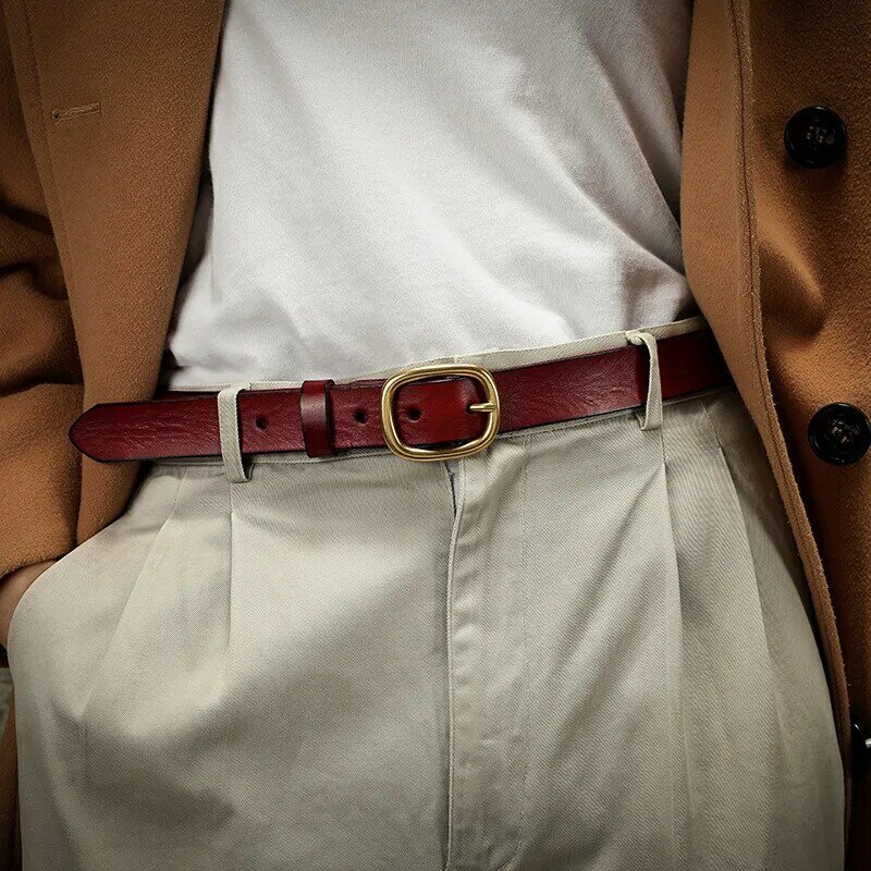 Cinturón hecho a mano para mujer, hebilla ancha de cobre japonés, cuero de vaca puro informal, 2024, nuevo Hop, 3,0