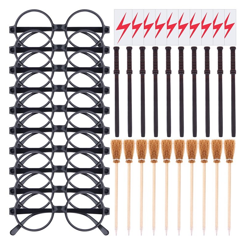 40Pcs/Set Wand Pencils Tattoo Stickers Broom And Glasses Wizard Party Favors Wizard Wands Theme Party Supplies