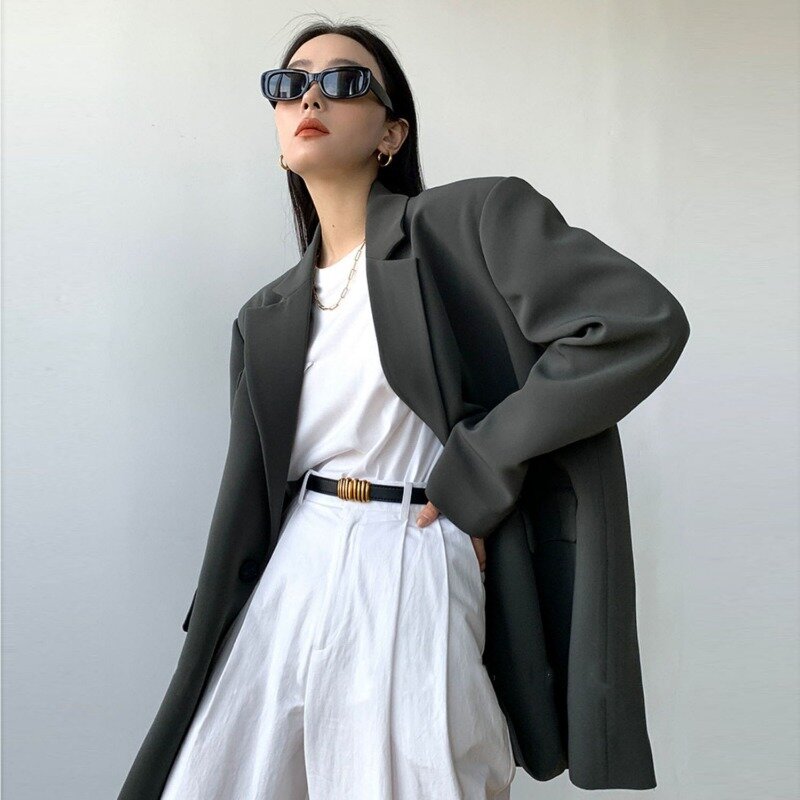Blazer feminino preto e cinza de manga comprida, jaqueta chique coreana, terno casual solto, botão único, senhoras do escritório, luxo, primavera, outono