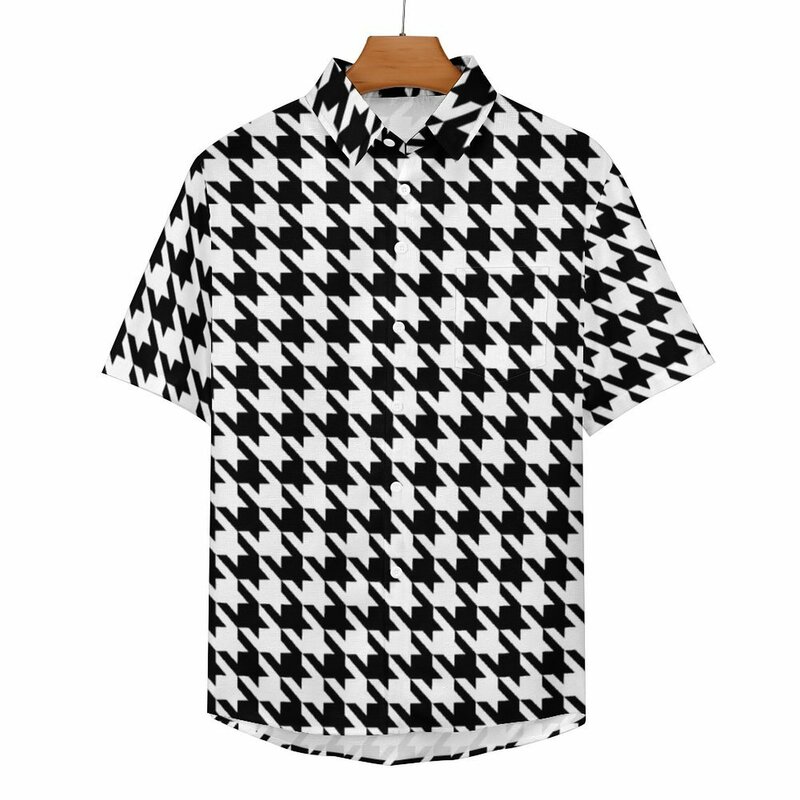 Black And White Plaid Blouses Male Houndstooth Casual Shirts Hawaii Short-Sleeve Printed Fashion Oversize Vacation Shirt Gift