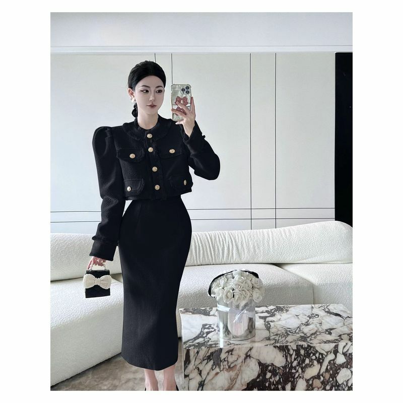 UNXX 2-piece Set Skirts Jackets Stand Neck Tweed Short Coat Long Sleeve Korean Outwear Tops + Skirts Causal Elegant Women Jacket