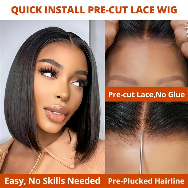 Glueless Wig Human Hair Ready To Wear Straight 4x4 HD Transparent Lace Closure Human Hair Wig Short Straight Bob Wig For Women