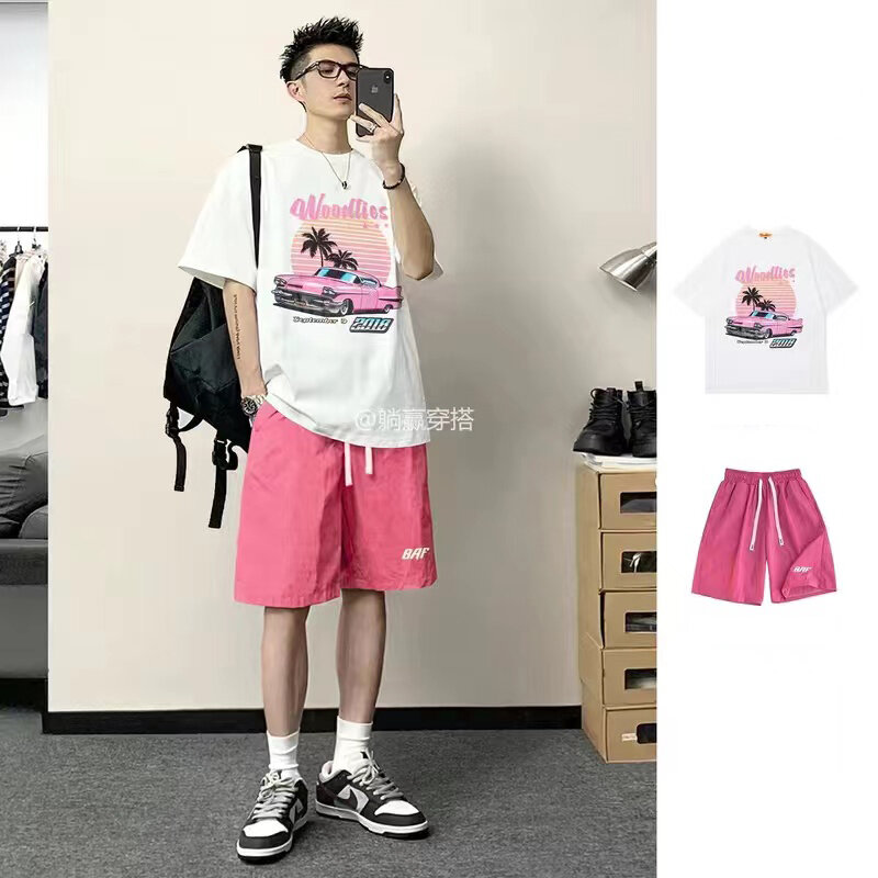 2024 New Summer Print Pink Pure Cotton Short Sleeve T-shirts Shorts Suit Match Loose Tops Man Outdoor Casual Sunshine Boy Tee