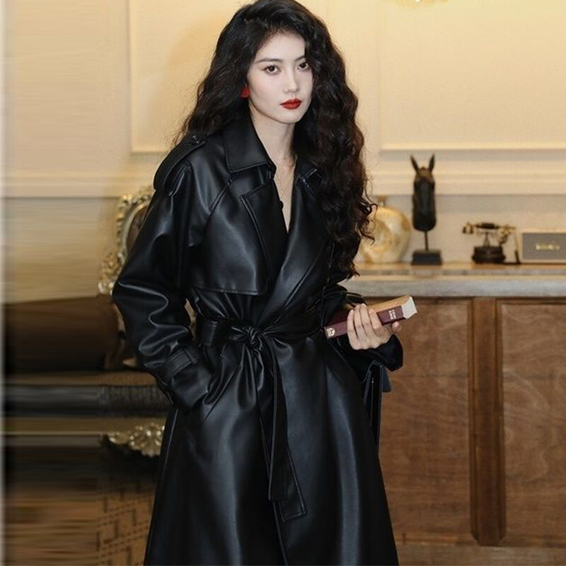 Women's Turn-down Collar Belt Waist Casual Leather Coat Autumn Thicken Warm Long Leather coat 2023 Fashion Straight Leather Coat