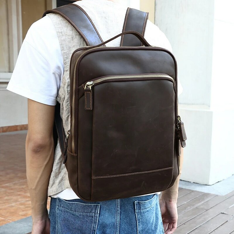 حقيبة ظهر ريترو من الجلد الطبيعي للرجال ، حقيبة كمبيوتر للأعمال من جلد البقر ، حقيبة سفر من كريزي هورس