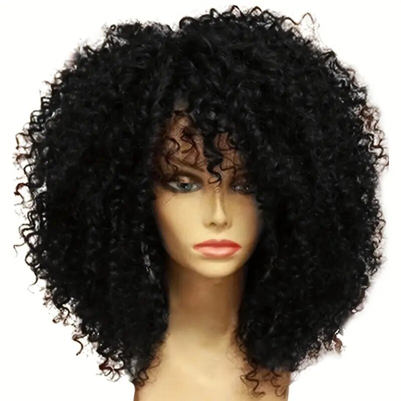 Wig rambut keriting 16 inci Afro Kinky dengan poni lembut serat sintetis halus tidak ada wig berenda untuk penggunaan pesta Cosplay sehari-hari