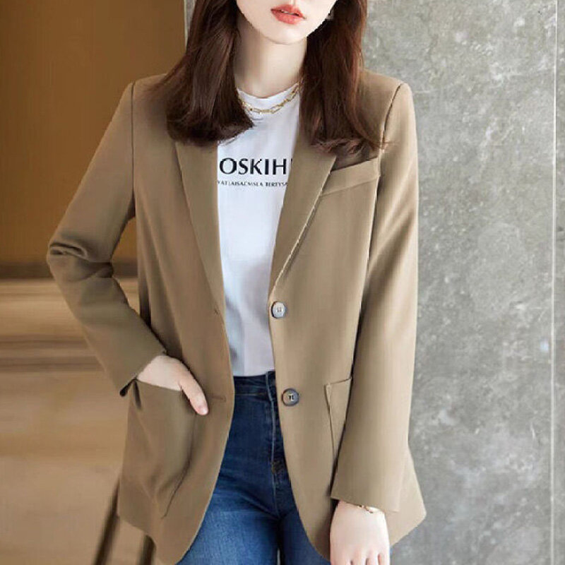 2023 Spring and Autumn Korean Edition Commuter Simple Loose Versatile Suit Collar Double Button Mid Length Solid Women's Suit