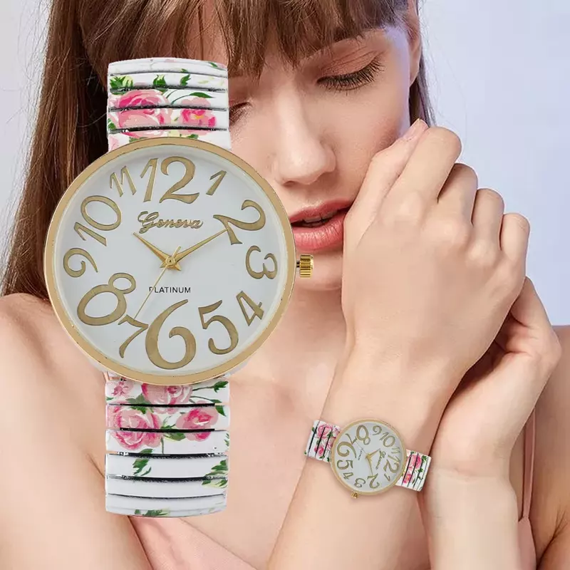 Moda damska zegarek kwarcowy duży cyfry arabskie Dial damski zegarek unikalny elastyczny pasek drukowania dziewczyny zegarki Reloj Mujer
