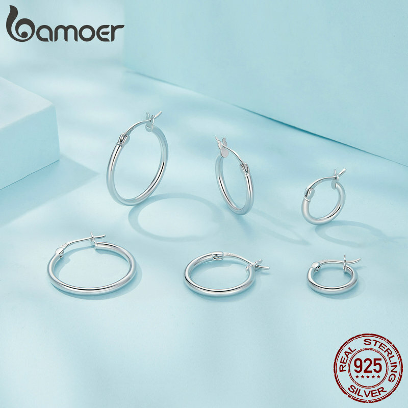 BAMOER 925 Sterling Silver Bold Classic Hypoallergenic Hoop Earrings, 14K White Gold Plated Standard Tube Earrings for Women
