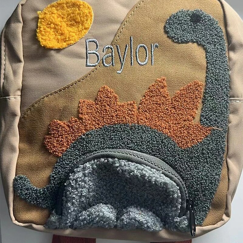 Tas sekolah anak TK dinosaurus, tas punggung hadiah anak kanvas kartun nama personal, ransel dinosaurus nama khusus