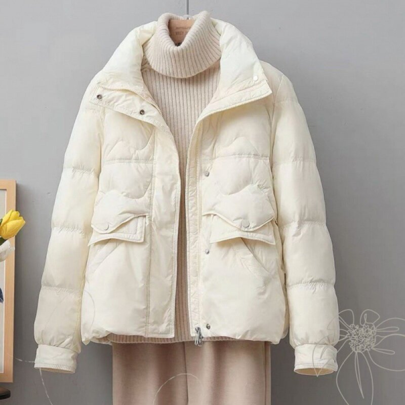 Jaqueta curta e leve para mulheres, lapela grande, elegante, gola em pé, casaco de pato branco, quente, 2023