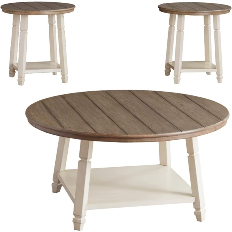 Conjunto de mesa de café de 3 peças, inclui 1 mesa de café e 2 mesas finais com prateleira inferior, branco antigo e marrom