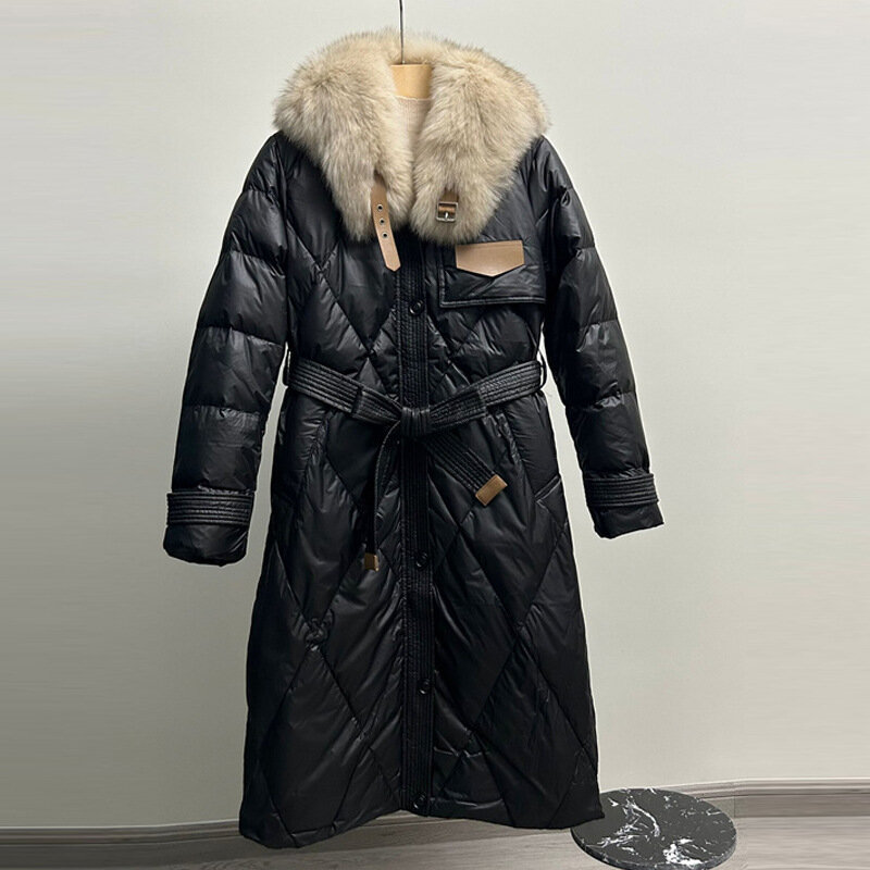 화이트 덕 다운 필링 긴팔 재킷, 두꺼운 여우 모피 칼라 재킷, 롱 스타일, 겨울 신상