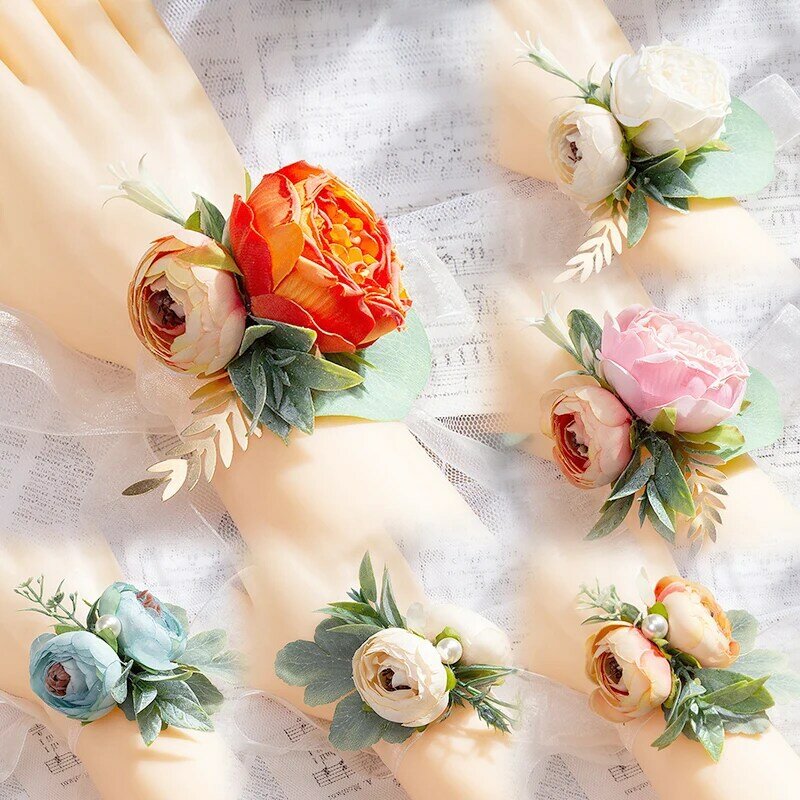 Wrist Corsage Bridesmaid Sisters Handmade Flower Artificial Silk Peony Bracelet Ribbon Hand Flowers For Wedding Party Decor