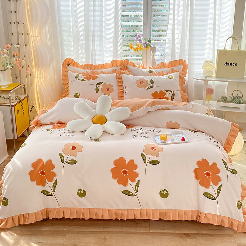 ผ้าปูเตียงผ้าฝ้ายแท้สไตล์เจ้าหญิงเกาหลีกระโปรงคลุมเตียงชุดเครื่องนอนสี่ชิ้นผ้านวมคลุมเตียง