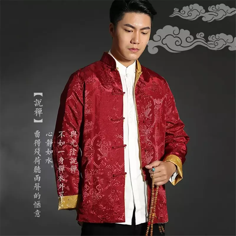 Tang terno chinês camisa estilo jaqueta gola roupas tradicionais chinesas para homens de seda kungfu cheongsam topo hanfu masculino ambos os lados
