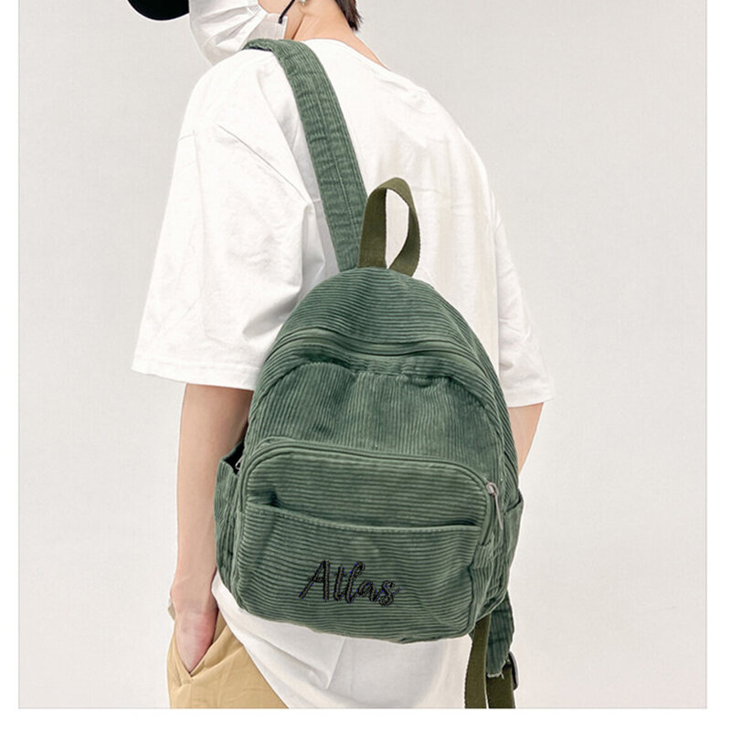 Mini Schoolbag Corduroy com nome personalizado para alunos do ensino médio, mochilas de cor sólida, mochilas retro personalizadas, saco do presente simples