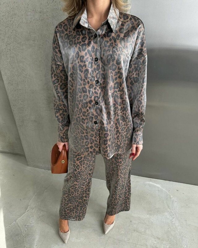 Fashion Brown Leopard Print Set Pajamas For Women 2 Pieces Silk Sleepwear Long  Sleeve Button Shirts Drawstring Pants Lounge Set