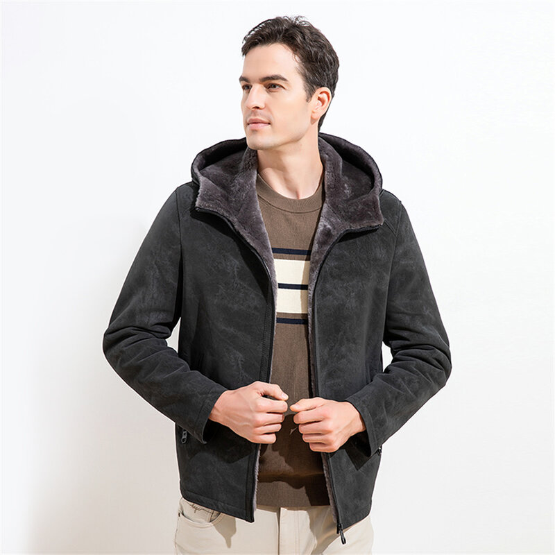 2022 LUHAYESA Unique Gray Fur Shearling Clothing Men Winter Warm Hooded Soft Comfortable Real Fur Coats