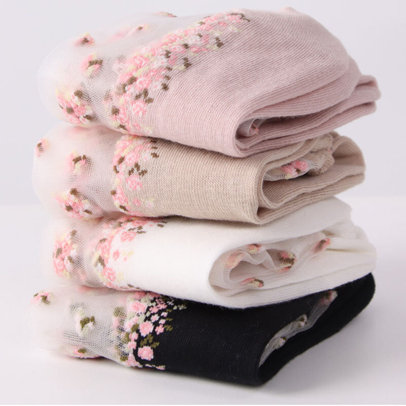 Calcetines cortos de malla con estampado Floral para mujer, medias informales, transparentes, ultrafinas, ropa de calle, 5 pares