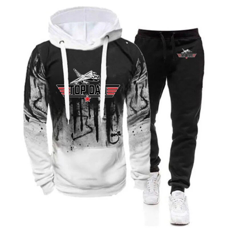 TOP DAD TOP GUN Movie 2024 Men's Fashion Print Comfortable Hooded Pullover Hoodie + Trouser New Gradient Color Two-piece Suits