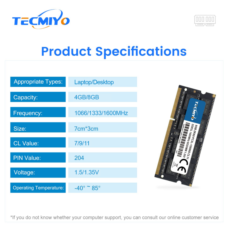 TECMIYO 노트북 데스크탑 메모리 RAM, PC3, PC3L-12800 PC3-10600 PC3-8500, 비 ECC -1PC, 블랙, 4GB, 8GB, DDR3, DDR3L, 1600MHz, 1.35V, 1.5V